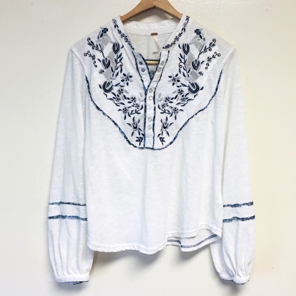 Free People White Embroidered Puff Sleeve Shirt - Picture 4 of 9